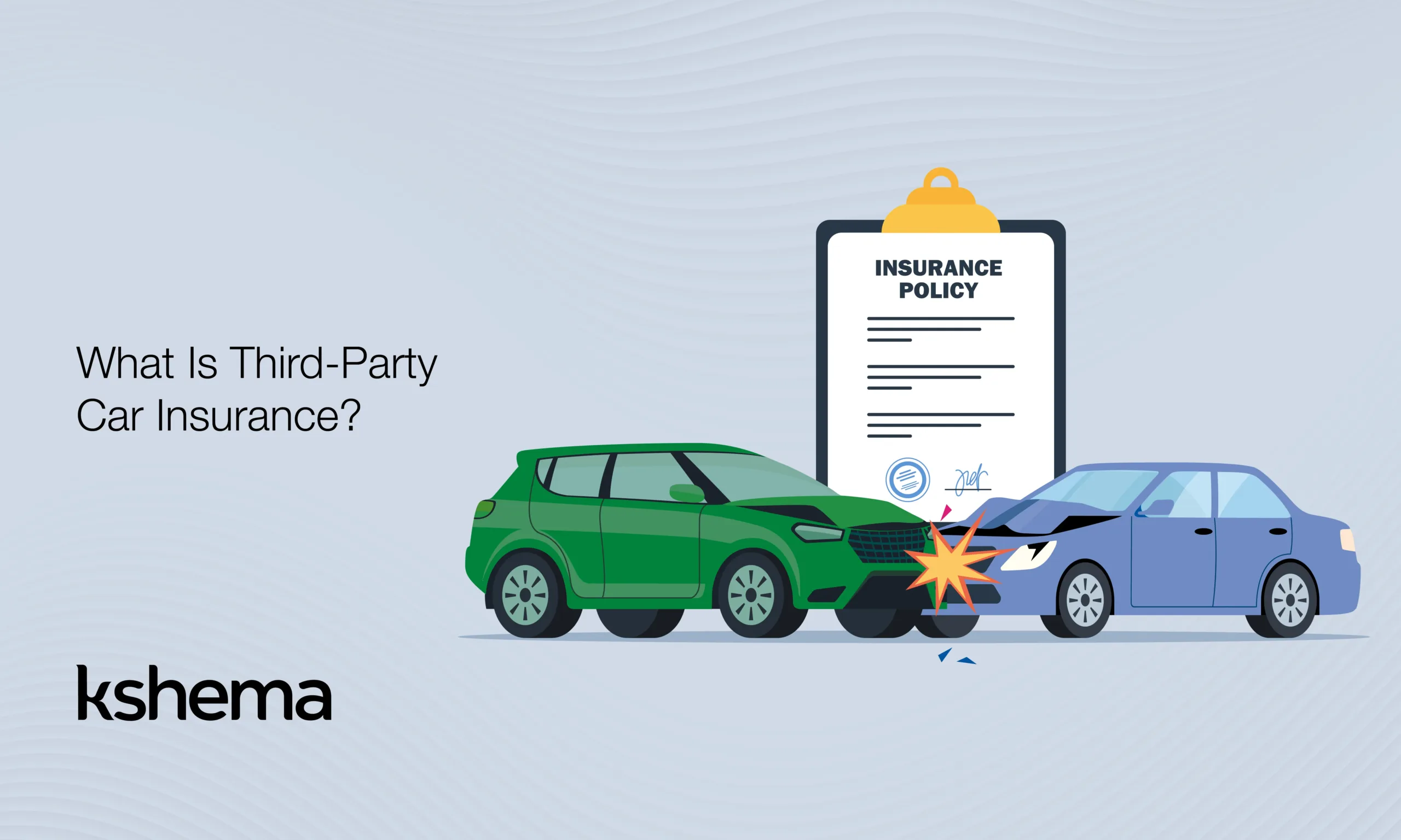 Illustration showing a car accident covered under third-party car insurance with insurance policy document and damaged vehicles